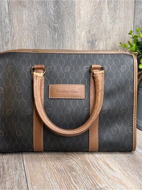 Christian Dior Vintage Boston Bag Honeycomb Brown Leather Satchel Handbag
